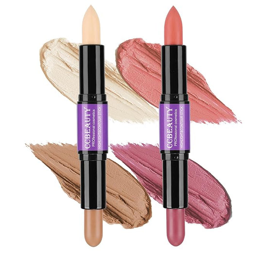 CCbeauty 2pcs 2-IN-1 Matte Contour Highlighter Stick with Blush,Cream Dual-End Highlight Bronzer Concealer & Blusher for Cheeks & Lip, Long Lasting Contouring for Face Shaping Makeup, Light-Medium