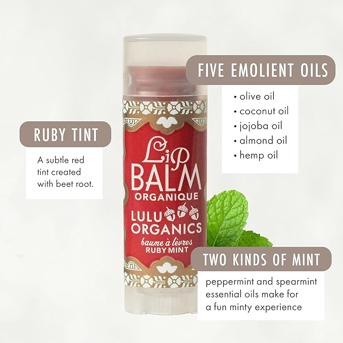 Natural Lip Balm, Nourishing and Moisturizing Premium Lip Care, Handmade Hydrating Lip Balm, Lip Treatment for Dry and Cracked Lips, Repairing and Fragrance Free - Ruby Mint - 0.15oz