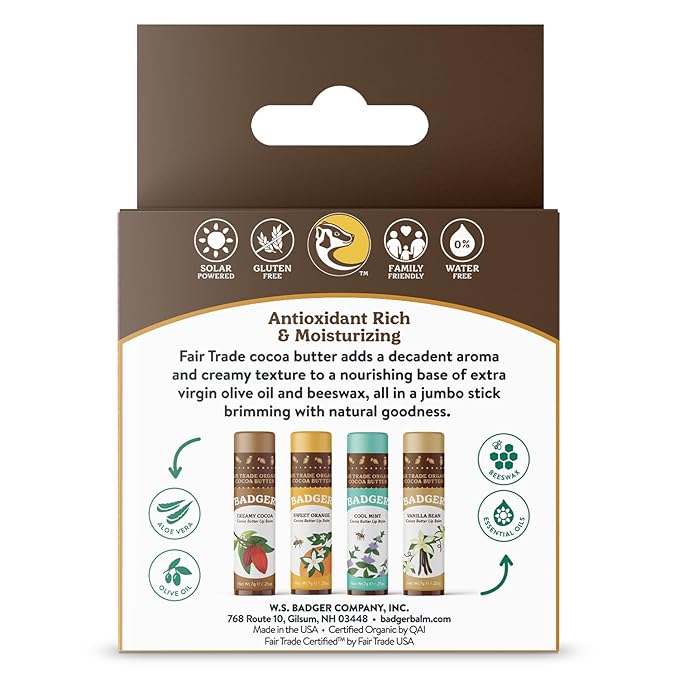 Badger - Cocoa Butter Lip Balm Set, Fair Trade, Certified Organic Lip Butter, Flavored, Cocoa, Vanilla, Orange, Mint, 0.25 oz (4 Pack)