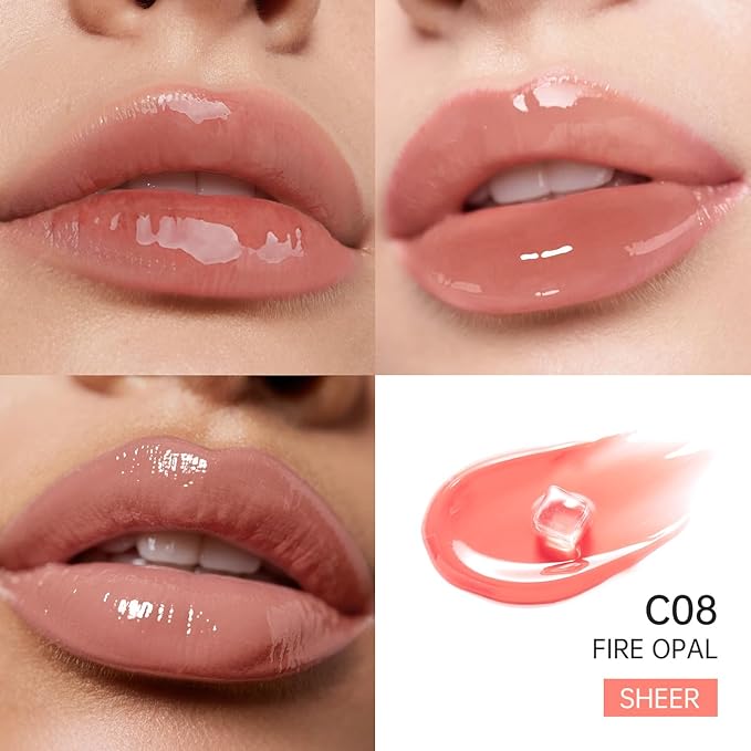 Catkin Lip Plumper Gloss, Tinted Lip Serum with Hyaluronic Acid & Jojoba Oil, Non-sticky Volumizing Hydrating Formula for a High Shine Maximum 3D Look, Plump & Soft Lips 0.12 Fl Oz - C08 Fire Opal