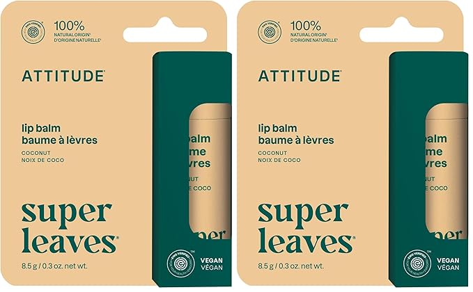 ATTITUDE Plastic-free Lip Balm, EWG Verified Plant- and Mineral-Based Ingredients, Vegan and Cruelty-free Personal Care Products, Coconut, 0.3 Oz (Pack of 2)