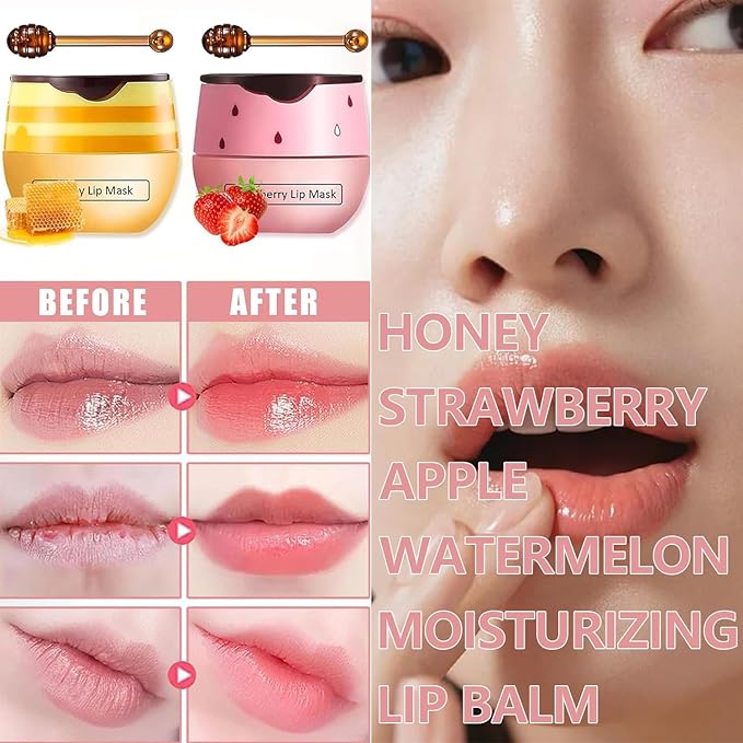 2 PCS Bee Lip Balm Honey Pot, Honey & Watermelon Lip Sleeping Masks Overnight, Hydrating Prevention Dry and Cracked Lip Scrubs Exfoliator Lip Care, Reduces Lip Lines