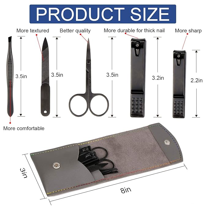 Manicure Pedicure Kit Nail Clippers Set Fingernails & Toenails Vibrissac Scissor 5 Pieces Best Care Tools for Man & Women with Travel Case (Gray/Black_A) (Gray/Black_A)