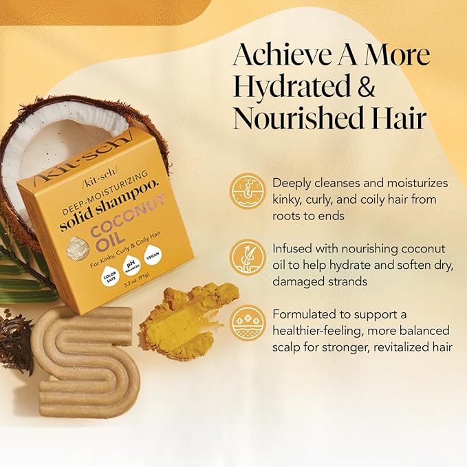 Kitsch Coconut Oil Shampoo Bar - Hydrate & Soften Dry Damaged Hair - Deep Moisturizing Curly Hair Shampoo - Safe Shampoo for Color Treated Hair - Silicone, Paraben & Sulfate Free - 3.2 oz