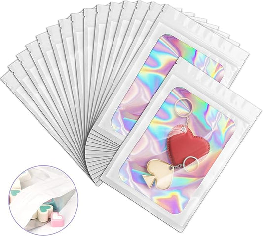 100 Pack Holographic Bags, Smell Proof Packaging Bags, Clear Window Resealable Odor Foil Pouch Mylar Bag for Food Storage and Lipgloss, Jewelry Lash (White, 3 x 4.7 Inch)