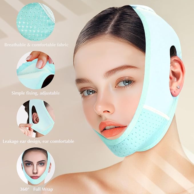 Reusable V Line Lifting Mask with Chin Strap, V Shaped Face Mask for Sagging, Jaw Exerciser (Light Blue)