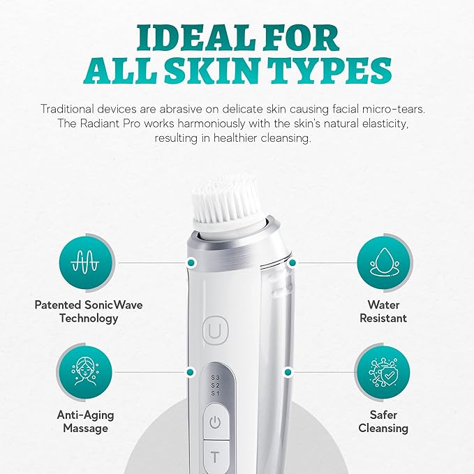 Radiant Pro - Smart Sonic Facial Cleansing Brush & Face Massage Device, Rechargeable & Waterproof Electric Face Scrubber Brush for Men & Women, Premium Face Exfoliator Scrubber