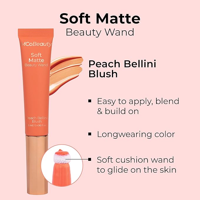 MCoBeauty Soft Matte Beauty Wand, Peach Bellini Blush, Velvety Finish of Buildable Color, Vegan, Cruelty Free Cosmetics