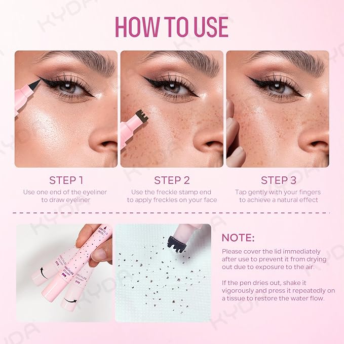 KYDA Freckle Liquid Eyeliner Pen, 2 in 1 Freckles Stamp and Black Liquid Eyeliner, Waterproof and Long lasting Soft Dot Spot Pen Realistic Fake Freckles for Natural Lifelike Sun-kissed Makeup-MEDIUM