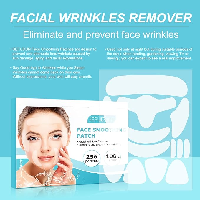 Face & Forehead Wrinkle Patches, Anti Wrinkle Patches for Forehead, Smile Lines, Crows Feet, Nasolabial Folds, Frown Lines, Overnight Treatment, 256 Pcs Facial Patches