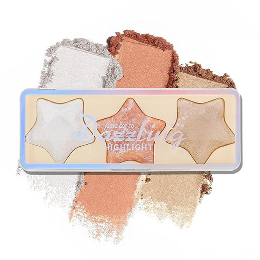 Boobeen 3 Colors Baked Shimmer Highlight & Blush Palette, Powder Palette Facial Bronzers Illuminator Makeup Palette, Lightweight Highlighter Blusher Contour for Cheeks, Lasting Natural Glowing