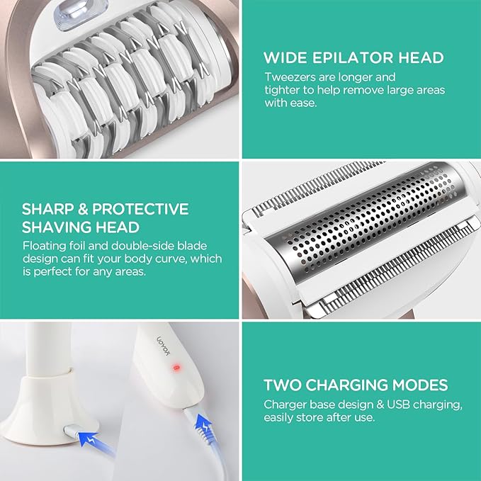VOYOR Epilator for Women, 3 in 1 Epilator Hair Removal for Women, Epilators Hair Remover for Leg Arm with 30 Tweezers, Rechargeable & Cordless Electric Lady Shaver & Trimmer BM300 (Champagne Gold)
