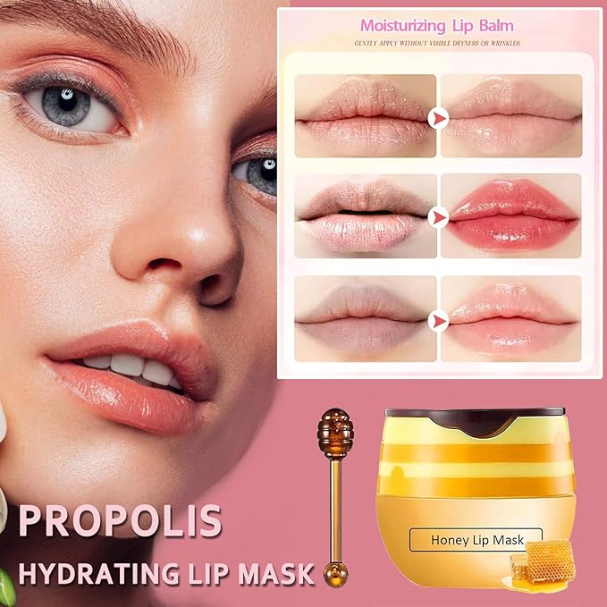 4 PCS Bee Lip Balm Honey Pot,Strawberry&Watermelon&Honey&Apple Lime Lip Mask Overnight Hydrating Prevention Dry and Cracked Lip Scrubs Exfoliator Lip Care, Lip Sleeping Mask Reduces Lip Lines