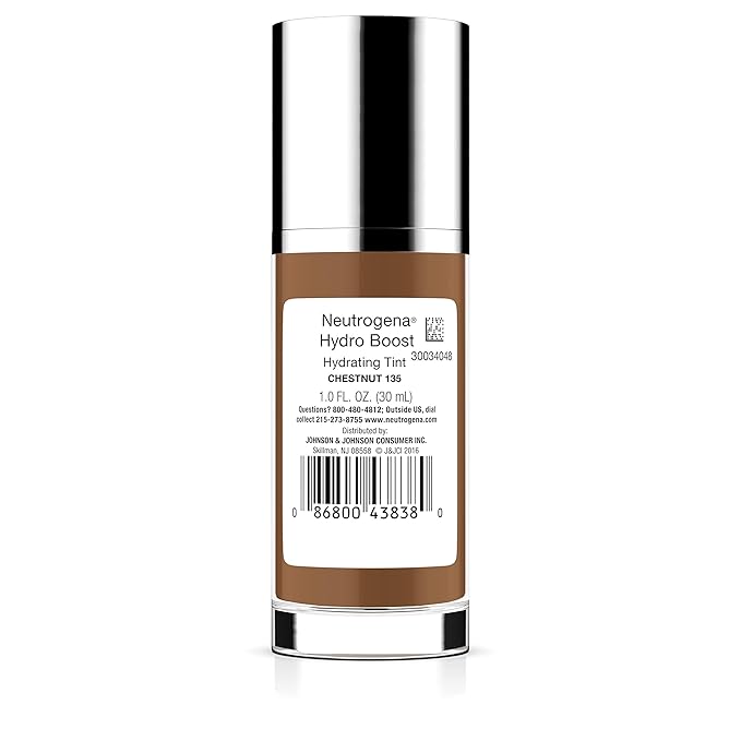 Neutrogena Hydro Boost Hydrating Tint Foundation Makeup for Dry Skin, with Hyaluronic Acid, Lightweight Oil-Free Water Gel, Non-Comedogenic, 135 Chestnut Color 1.0 fl. oz