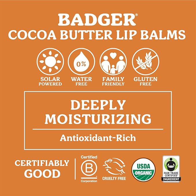 Badger - Cocoa Butter Lip Balm, Sweet Orange, Certified Organic Lip Balm, Fair Trade, Lip Butter, Lip Balm Cocoa Butter, Cocoa Care Lip Balm, 0.25 oz (4 Pack)