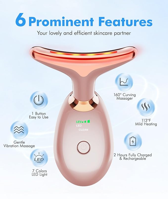 Red Light Therapy for Face and Neck, 7 Color Face Massager Tool for Wrinkles, Double Chin, Vibrating Facial Massager with Thermals for Skin Care, Rose Gold
