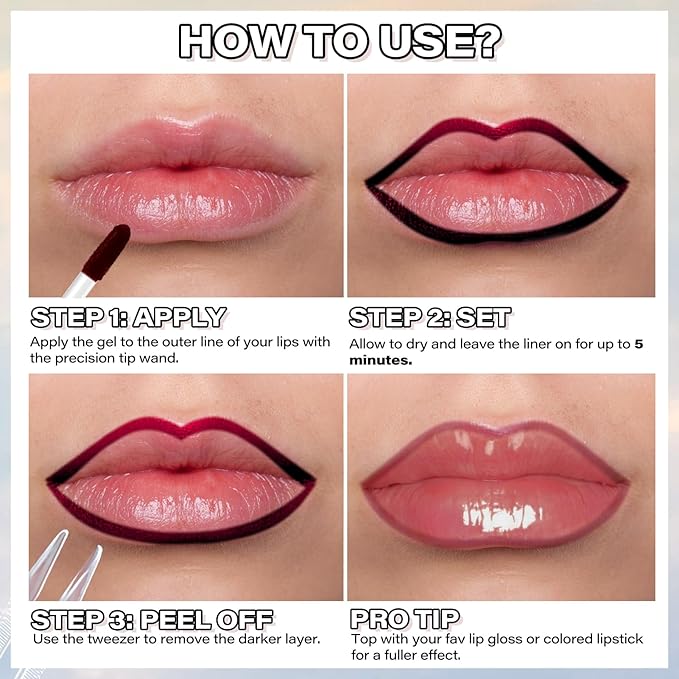 Cilrofelr Peel Off Lip Liner Stain, Long Wear Tattoo Lip Liner with Tweezer, Peel Off Lip Stain with Matte Finish, Long Lasting, Waterproof, Transfer-proof, Highly Pigmented Color (Mauve)