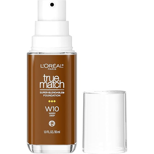 L'Oreal Paris True Match Super-Blendable Foundation, Medium Coverage Liquid Foundation Makeup, W10, Deep, 1 Fl Oz