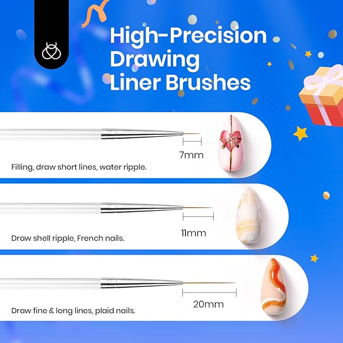 Beetles Nail Art Brushes, 8pcs Double-headed Nail Art Tool Set, Nail Dotting Tools, Striping Nail Art Brushes for Lines, Nail Drawing Pen with Bow knot Stickers Gift for Women