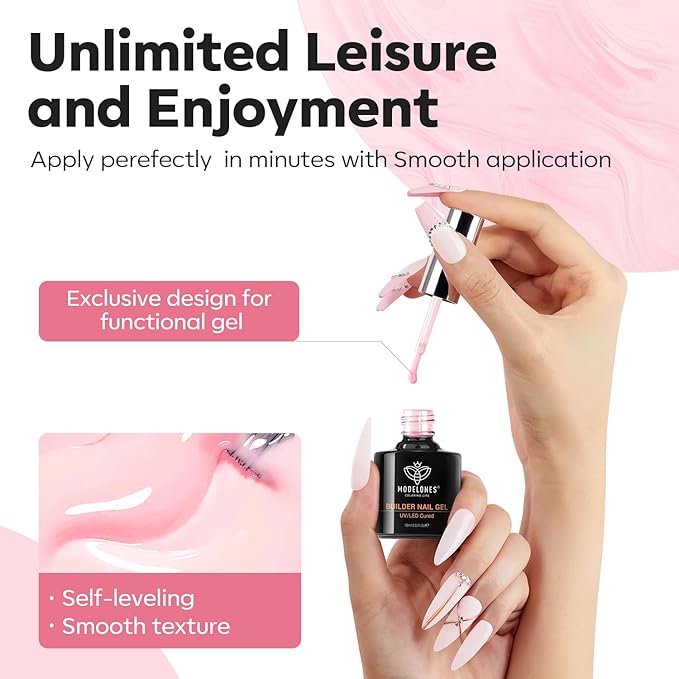 modelones Builder Nail Gel, 8-in-One Pink Builder for Nail Thickening, U/V LED Lamp Cured Hard Color Base Extension Rhinestone Tips Glue Gel Polish in a Bottle for DIY Home Manicure Women