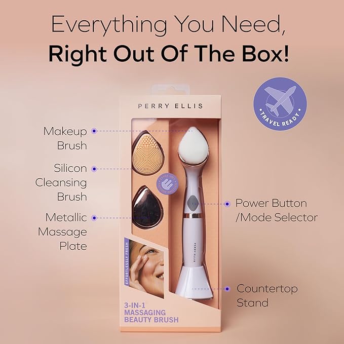 Perry Ellis 3-in-1 Beauty Brush with Silicone Face Cleanser, Makeup Applicator, and Metallic Eye-Massaging Plate, IPX6 Water-Resistant Electric Skincare Accessory with 3 Vibrating Modes and Stand
