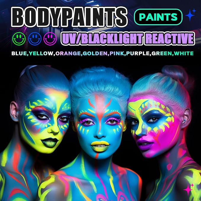Go Ho Neon Gold Body Paint Washable(2.37oz,70ml),under UV Blacklight Neon Face Paint,Water Based Neon Fluorescent Golden Face Paint for Adults Children SFX Cosplay Costumes Halloween Makeup