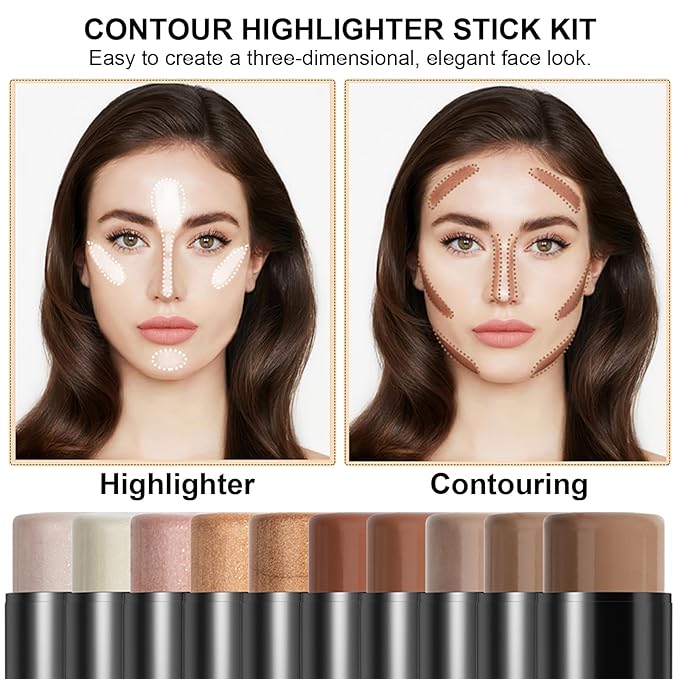 2Pcs Cream Contour Stick Makeup Kit, Cream Highlighter Stick and Bronzer Contour Stick with Longwear Waterproof Formula for Brightening and Trimming the Cheeks, Makeup Brush Include (#02, 08)
