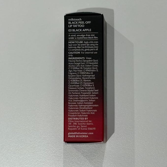 MILKTOUCH Black Peel Off Lip Tattoo - Long-Lasting Matte Lip, Waterproof & Transfer-Proof, Highly Pigmented, Stay-On-All-Day Lip Tint Stain (4.5g) #03 Black Apple
