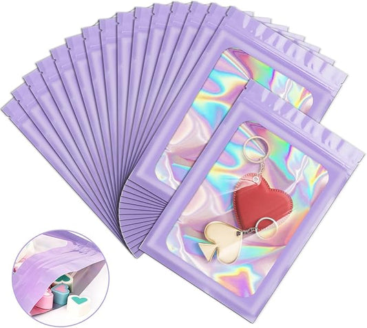 100 Pack Holographic Bags, Packaging Bags, Clear Window Resealable Odor Foil Pouch Bag for Food Storage and Lipgloss, Jewelry Lash (Purple, 4 x 6 Inch)