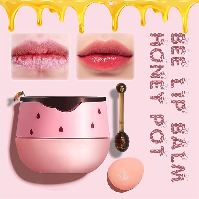 2PCS Lip Balm Honey Pot, Honey Pot Lip Balm for Dry Cracked Lips, Strawberry Lip Balm Scrubs Exfoliator & Moisturizer, Hydrating Lip Balm Honey Pot with Wand, Lip Sleeping Mask (B)