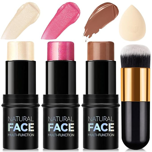 3 Pcs Contour Stick, Highlighter Stick, Blush Stick, Cream Contour Kit with Contour Brush, Create Face Contour, Non-greasy, Waterproof Long-lasting Effect for Women (1+3+4,LIGHT)