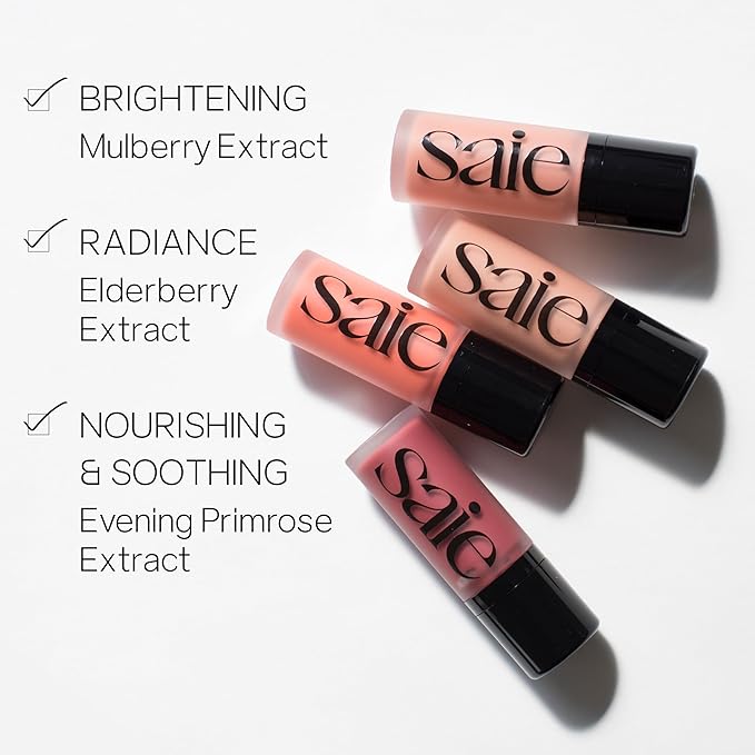 Saie Dew Blush - Lightweight Liquid Blush with a Blendable + Buildable Cream Finish - Dewy Cheek Tint with Doe Foot Wand Makeup Applicator - Bright Coral Blush - Poppy (.40 oz)