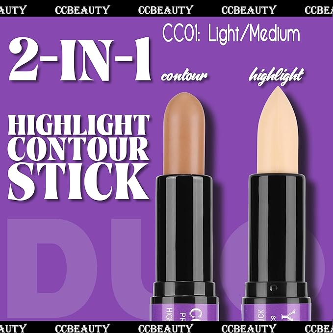 CCbeauty Contour Stick, 3pcs Dual-ended Wonder Stick Cream Highlight & Contour Kit, Bronzer and Highlighter Set for Face Contouring Shaping Makeup, Long Lasting & Waterproof - All Skin