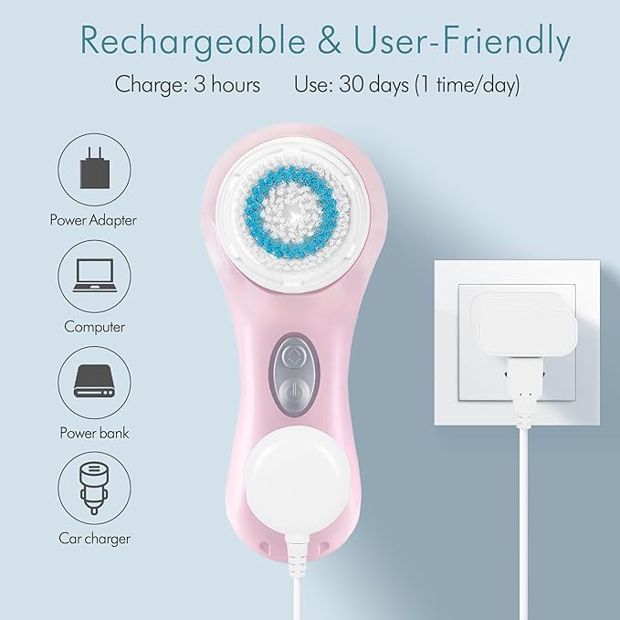 Facial Cleansing Brush, Sonic Vibrating Face Scrubber Exfoliator for Women Skin Care, Face Brushes for Cleansing, Exfoliating, Electric Rechargeable Waterproof 2 Speeds for Home & Travel