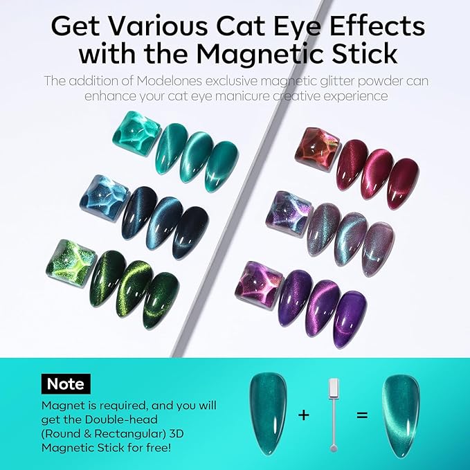 modelones Cat Eye Gel Nail Polish, 6 Colors Glitter Red Green Purple Blue Gel Polish Set with Magnet Sparkle Galaxy Series Nail Gel Polish Kit Soak Off Led Nail Art Manicure Salon DIY Gifts