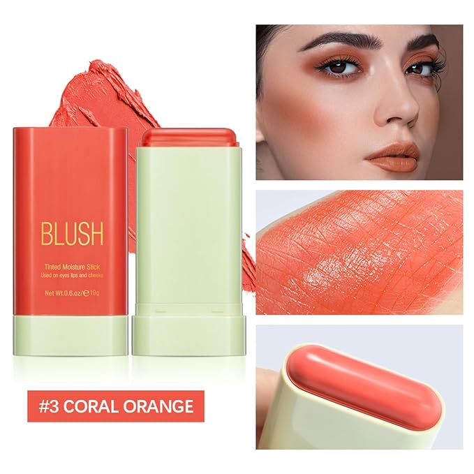 Blush Stick, Cream Blush Stick for Cheeks & Lips, Blendable Long-Lasting Multi-Use Contour Stick & Highlighter Makeup (#3 CORAL ORANGE)