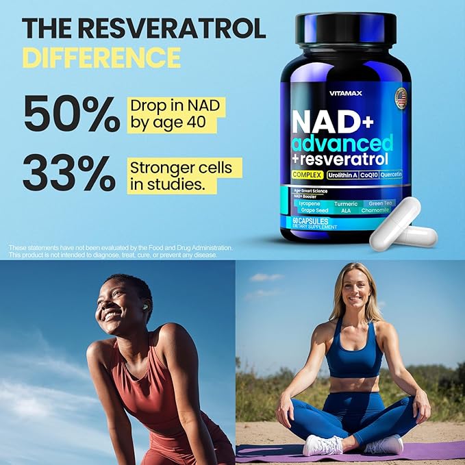 NAD Supplement Extra Strength - Liposomal + Resveratrol for Women & Men, CoQ10, Alpha Lipoic Acid, Green Tea, Quercetin, Urolithin A, Lycopene – High Purity Anti-Aging, Energy & Regeneration – 60ct