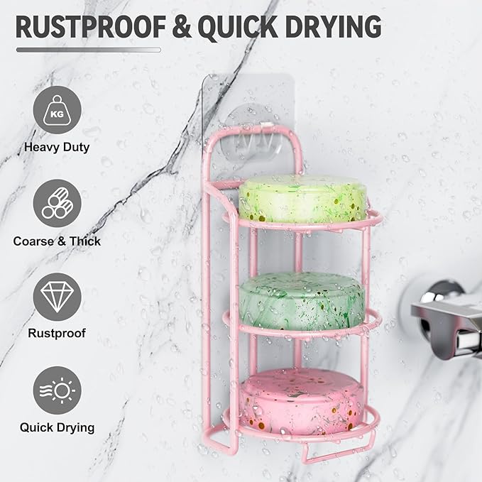 Pink 3-Tier Shower Soap Shampoo Bar Holder, Self Adhesive & Freestanding Draining Soap Dish Caddy for Bathroom Wall Accesories Decor
