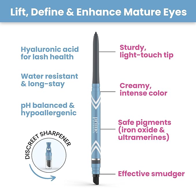 PrimeEyes Glide Eyeliner for Mature Women – Waterproof, Long-Stay and Mess-Proof – Gel Creme Texture, Discreet Sharpener and Effective Smudger (Mocha Shimmer)