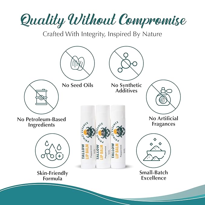 Moisturizing Tallow Lip Balm – Grass-Fed Beef Tallow with Organic Coconut Oil, Beeswax, and Vitamin E – Peppermint – Lip Balm Set – Travel Essential – 3-Pack