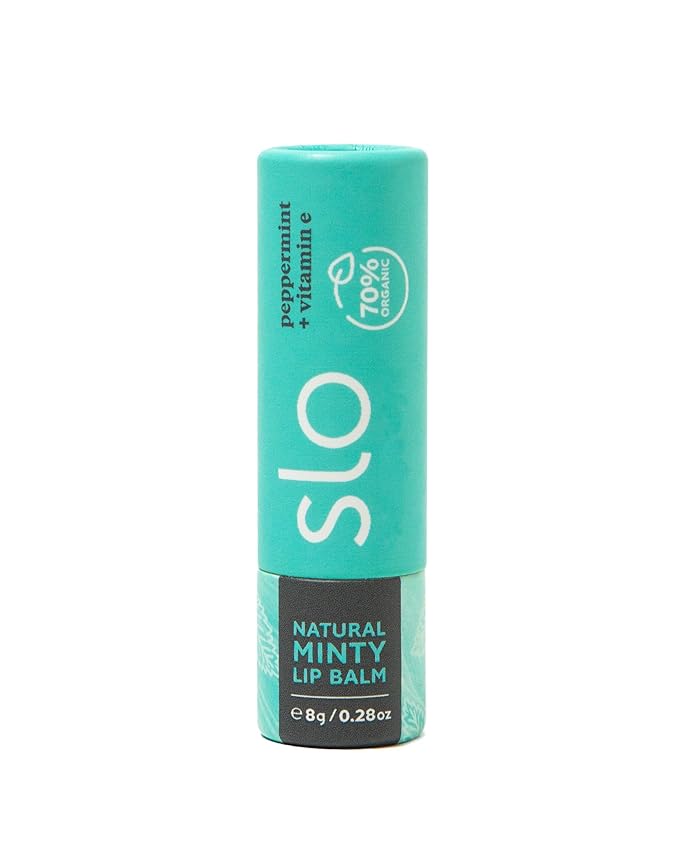 Slo | Natural Lip Balm - All Natural Ingredients, Vegan & Cruelty Free, Hydrating & Soothing, Plastic Free, Paper Packaging | Peppermint + Vitamin E, 0.28oz