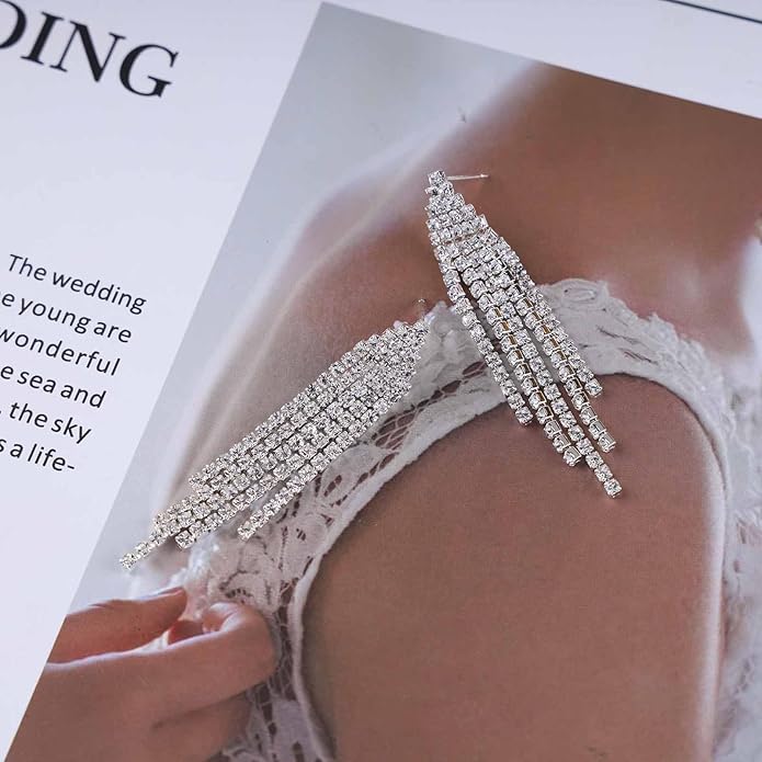 Vintage Rhinestone Chandelier Tassel Earrings Crystal Chain Drop Earrings Gold Long Tennis Chain Earrings Shine Chandelier Bridal Earrings Jewelry for Women