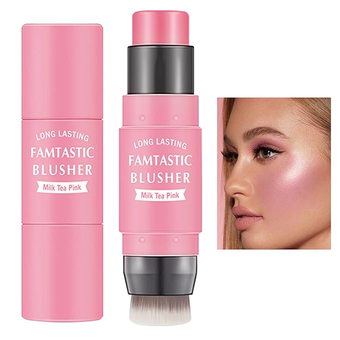 Cream Blush Stick with Brush,Waterproof Multi Cream Makeup Stick,Lightweight,Long-lasting,2 in 1 Multi Blush for Cheeks & Lip Tint & Eyeshadow Makeup(#01 Milk Tea Pink)