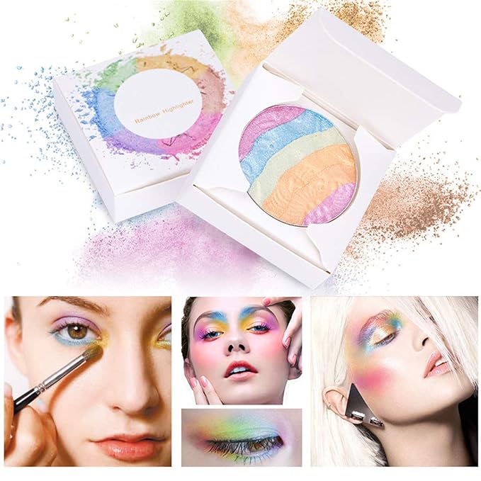 Pro 6 Colors 3D Baked Rainbow Highlighter Eyeshadow Makeup Palette Xmas Cosmetic Blusher Shimmer Powder Contouring Kit Unicorn Blush