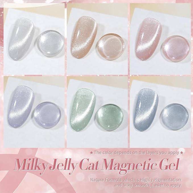 Born Pretty Cat Magnetic Eye Gel Nail Polish, Pastel Milky Jelly Cat Magnetic Gel Pastel Blue Green Purple Pink Nude Silver Nail Art Gel Manicure Salon DIY Gifts 7ML 6PCS