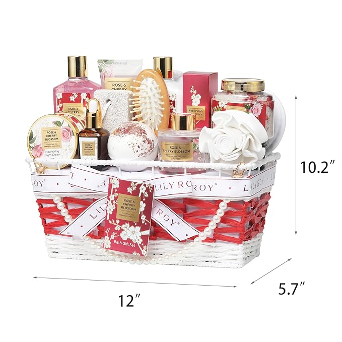 Mothers Day Gifts for Mom Rose & Cherry Blossom Spa Gift Set for Women - 19-Piece Luxury Bath & Body Care Kit with Necklace, DIY Chain, Shower Gel | Valentine's Day, Christmas Gifts for Her, Wife