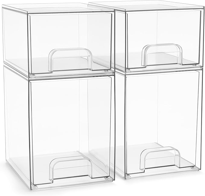 Sorbus Acrylic Storage Containers - 4 Pack, Stackable Storage Bins Set for Bathroom Organization - Clear Acrylic Drawer Organizers - Makeup Case Pull-Out Drawers (7.6’’ and 4.4’’ Tall)