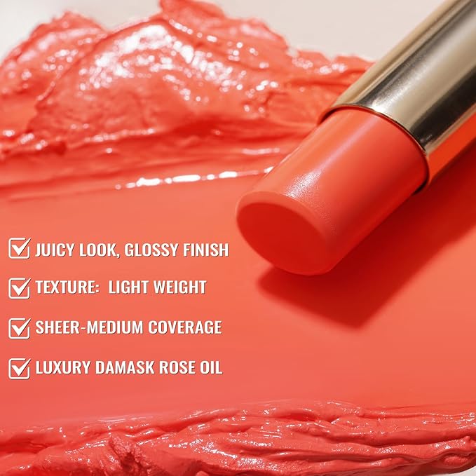 Oulac Moisturizing Shine Orange Red Lipstick for Women - 2 in 1 Orange Red Glossy Tinted Lip Balm, Hydrating Winter Lipstick for Dry Lips,Shine Juicy Finish Vegan 2.2g/0.07oz (12)