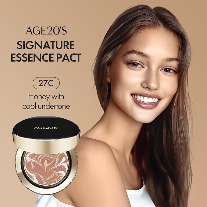 AGE20'S Signature Essence Pact SPF 50+ | Pack of 1 | 27C HONEY | Cream Foundation, Dewy Finish, Natural Coverage | Korean Cushion Foundation