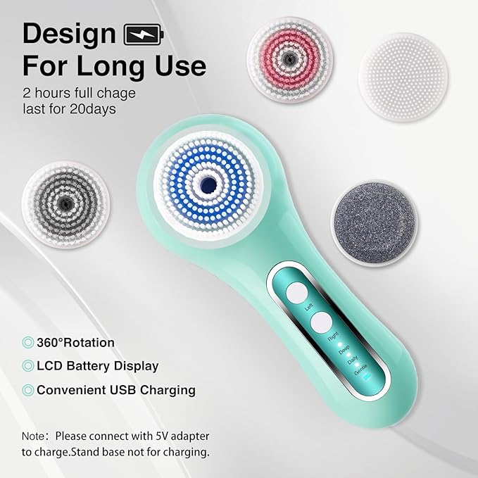 Face Scrubber Exfoliator,Facial Cleansing Brush Rechargeable IPX7 Waterproof with 5 Brush Heads,Electric Face Spin Brush for Exfoliating, Massaging and Deep Cleansing